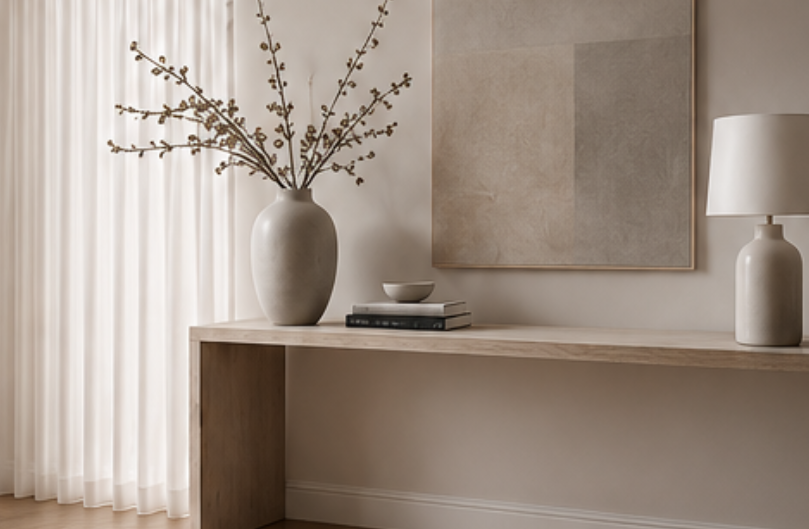 Stilvolles, minimalistisches Interieur mit Konsolentisch, Vase und Leuchte